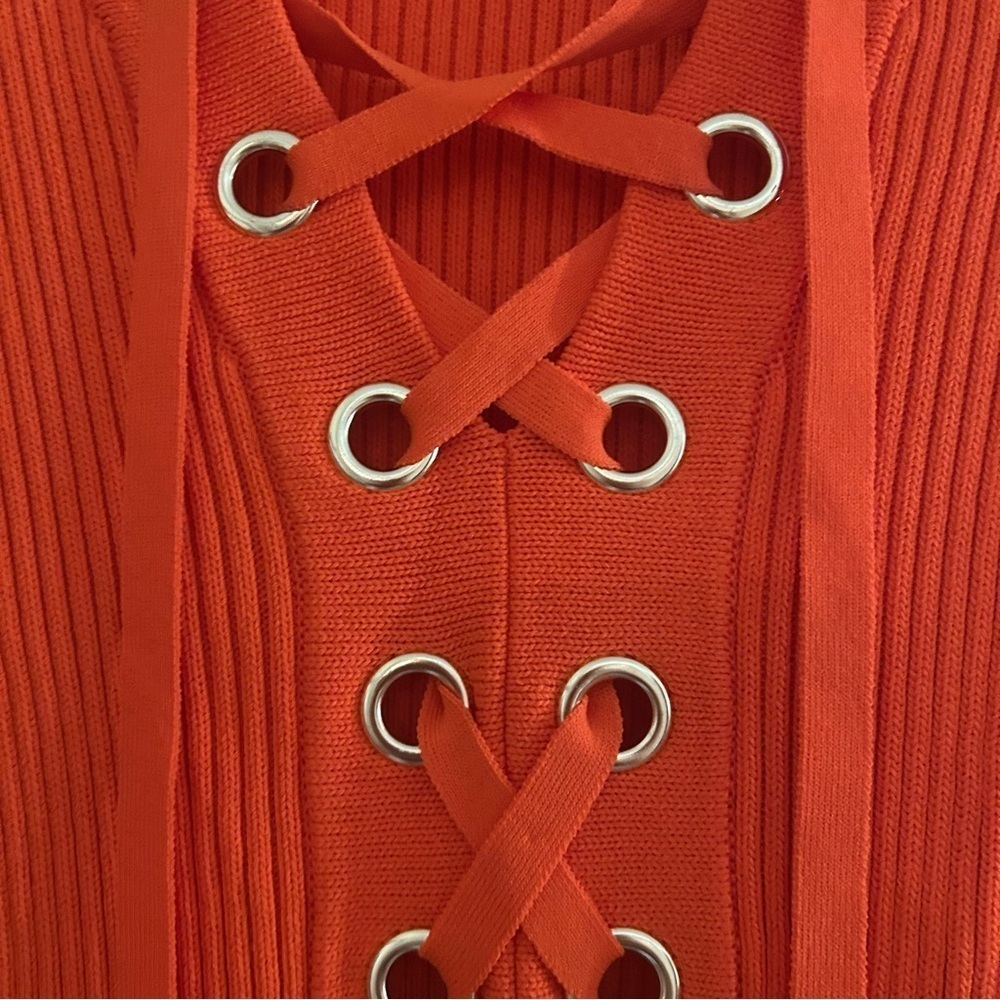 Michael Kors Lace Up Ribbed Dress XS Orange Bodycon Sweater Fall Chic Y2K Glam - Picture 5 of 7